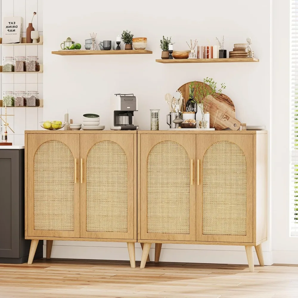 Set of 2 Rattan Storage Cabinet with Doors, Accent Bathroom Floor Cabinet, Modern Sideboard Buffet Cabinet for Living Ro image 3