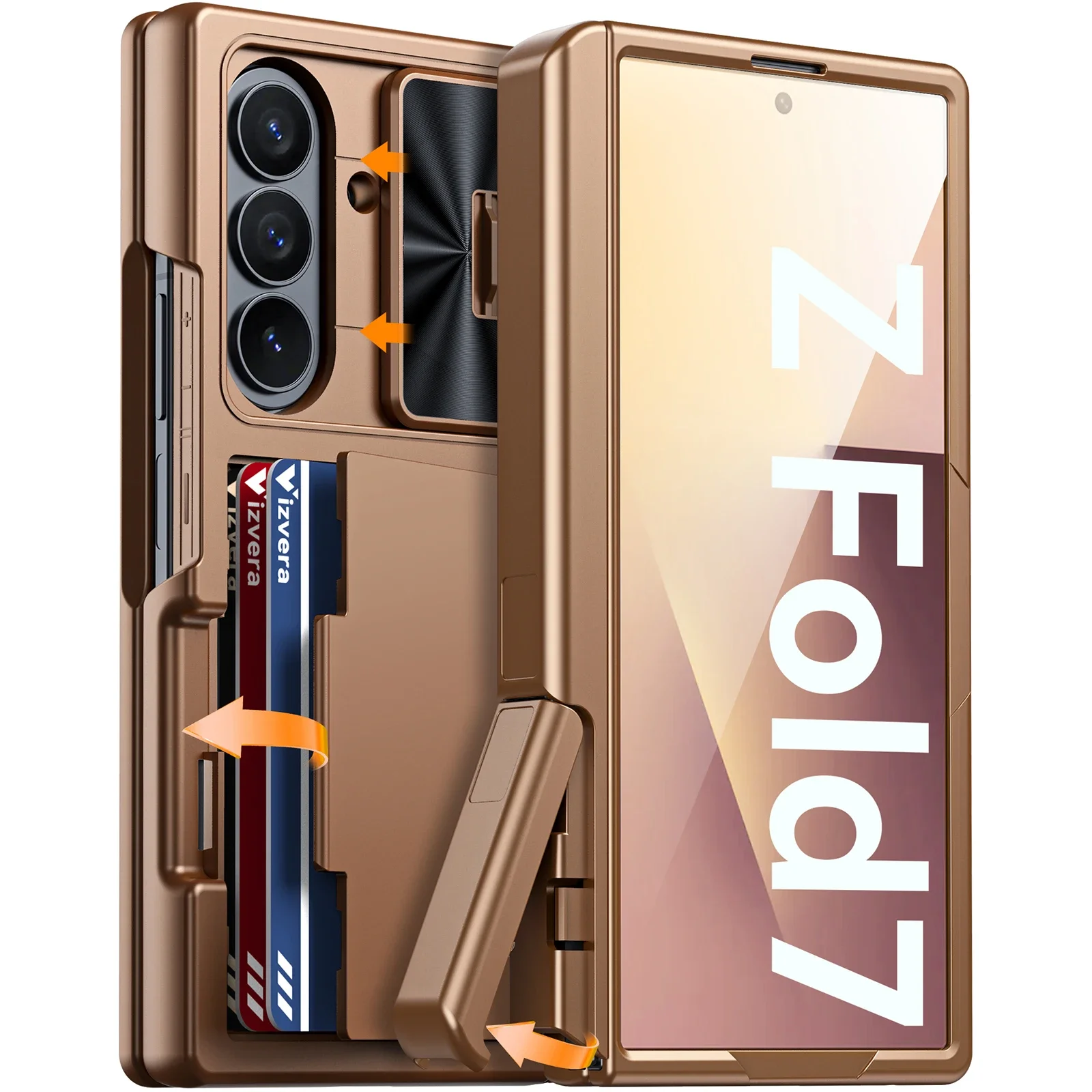 

for Samsung Galaxy Z Fold 7 Phone Case,with RFID Cards Holder,Hidden bracket,Camera Cover,Shockproof Silicone Wallet Case-Gold