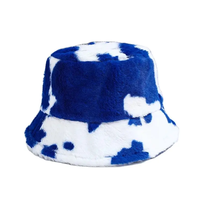 Bucket Hat Women\'s  Cow Pattern Plush Basin Hat Japanese and Korean  Versatile Lamb Wool Ear Protection Hat Cute Soft Girl