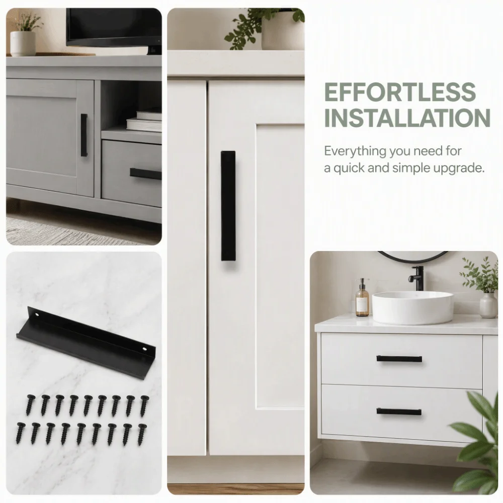 10pcs Modern Aluminium Alloy Cabinet Edge Pulls Black Concealed Mount Drawer Pull Handles Finger Pull Door Handles Kitchen
