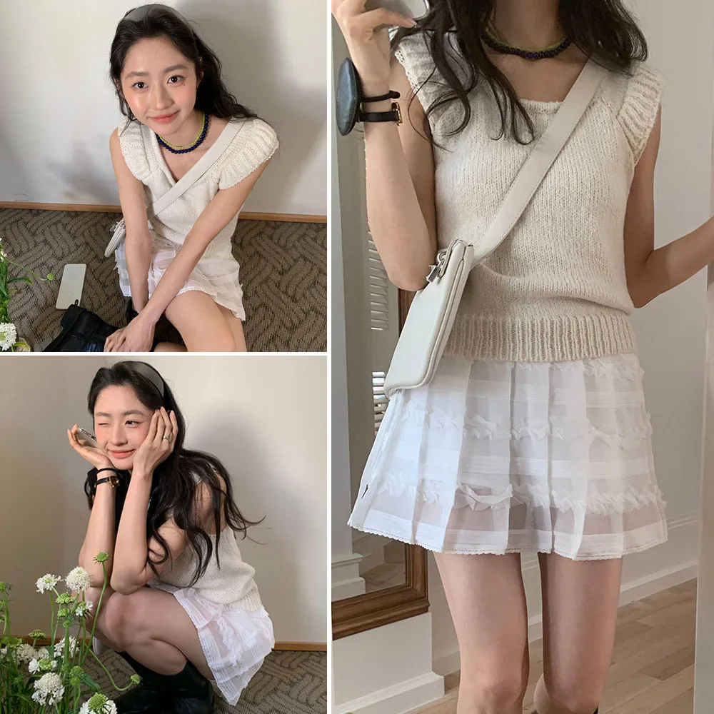 Loose Lace Splice Svel Knitted Top Korean Sle U-ape Small Flng Sve Cotton 00% Spring Faion Ladies' Sweater