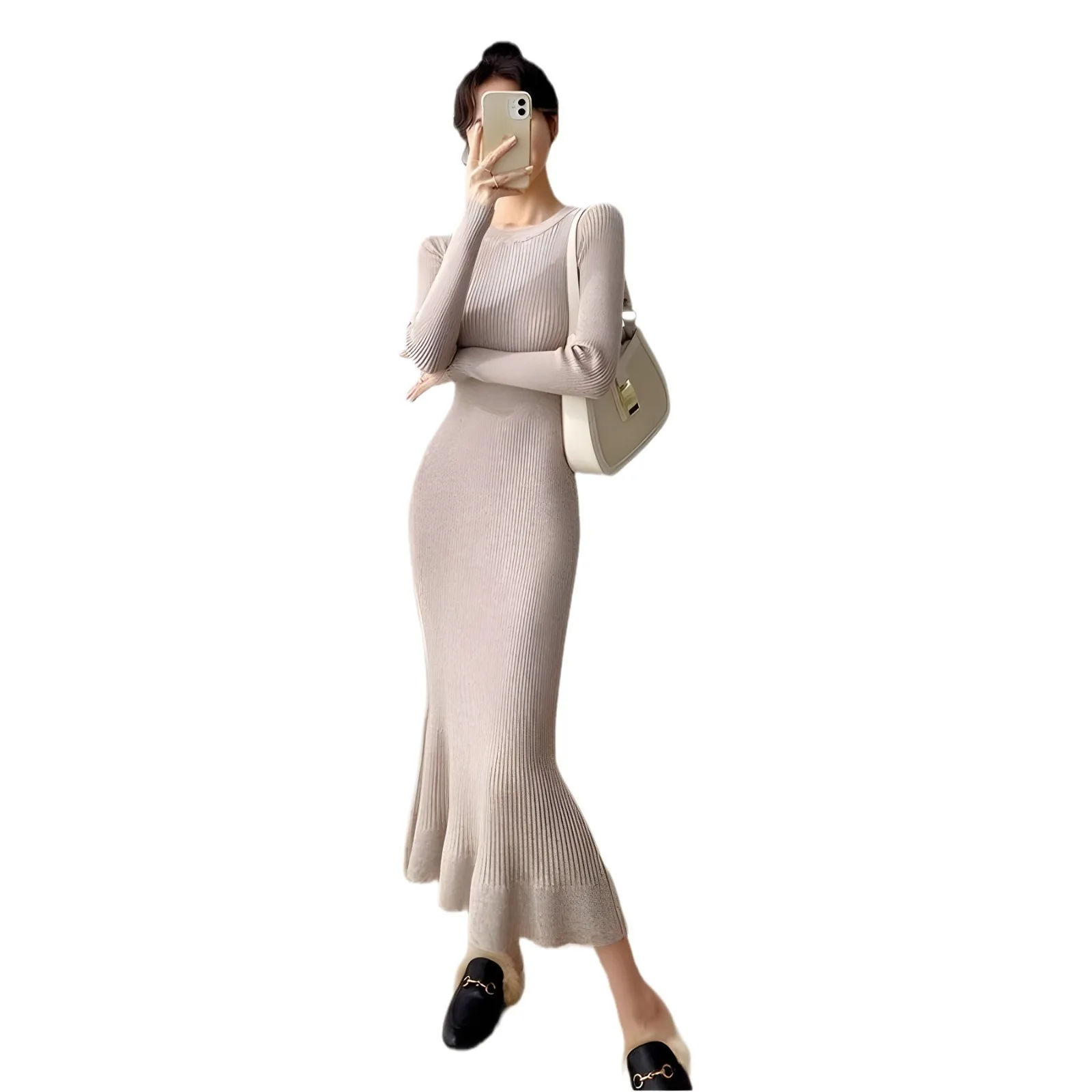 Vestido de malha para mulheres no outono inverno, novo estilo com fundo e camada interna, temperamento slim fit, vestido longo de lã, joelho