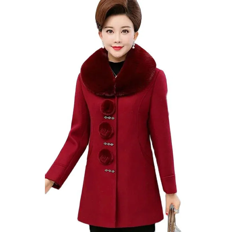 

5XL Women Woolen Coat New Autumn Winter Jacket Middle-aged Mother Solid Big Fur Collar Elegant Lady Wool Coat Warm Wool Overcoat