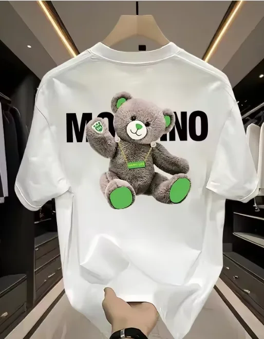 Camiseta de Algodão Puro Estampada com Urso, Moda 2025, Manga Curta para Homens e Mulheres, Roupas Plus Size Femininas