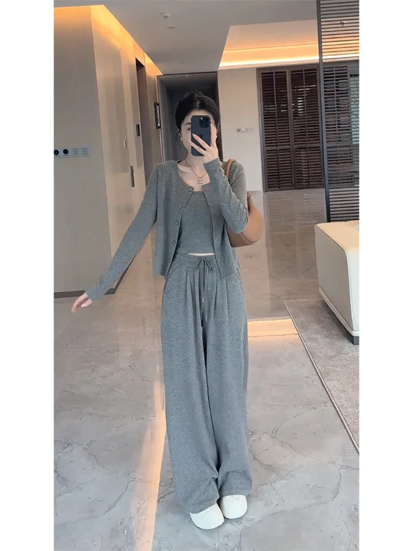 Laid-back Chic Pure Color Korean Style Three-piece Set Women's Fashionable Loose Open Cardigan Wide Leg Pants Autumn New Arrival