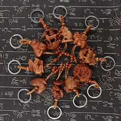 Creative Dragon Horse Mascot Lucky Key Chain Gift Fengshui Ethnic Chinese 12 Zodiac Engraving Wood Keyring Keychain Mahogany