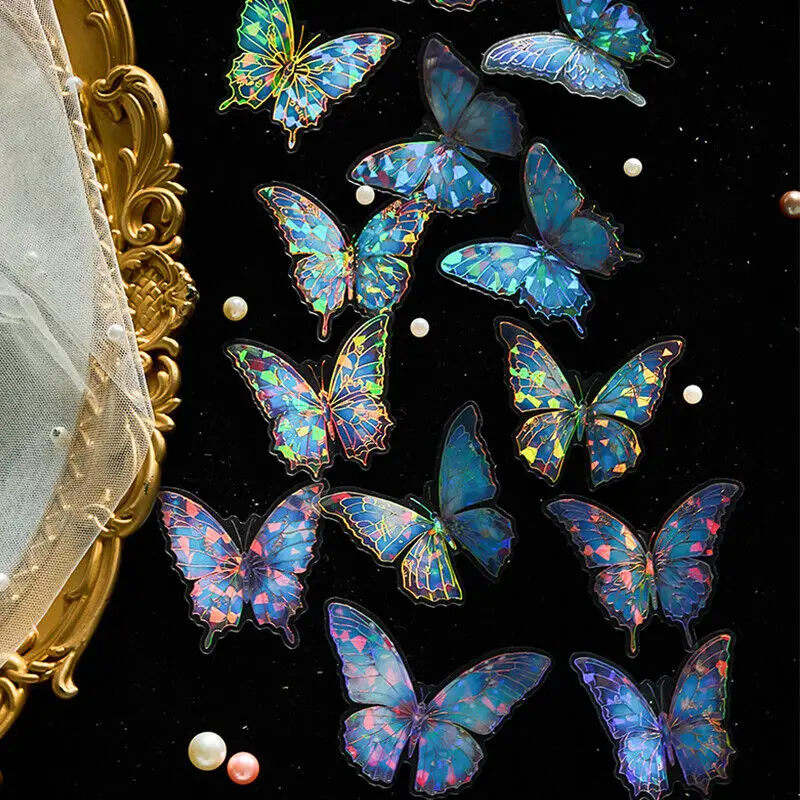 20pcs Crystal Laser Butterfly Waterproof PET Stickers DIY Decor Collage Craft Planner & Scrapbooking Stationery Sticker
