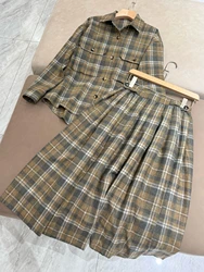 Women's High Waist Skirt suit Wool Plaid Suit Shirt + Pleated Skirt