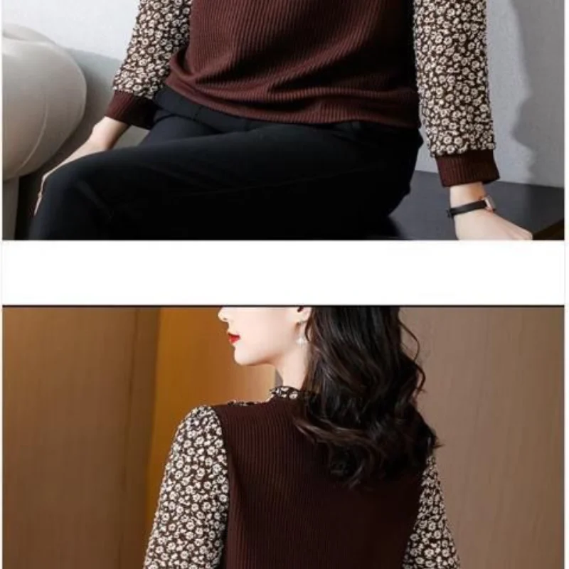 Women\'s Clothing New Blouse Crew Neck Crew Neck Long Sleeve Office Lady Loose Elegant Stylish Spliced Button Floral Pullovers