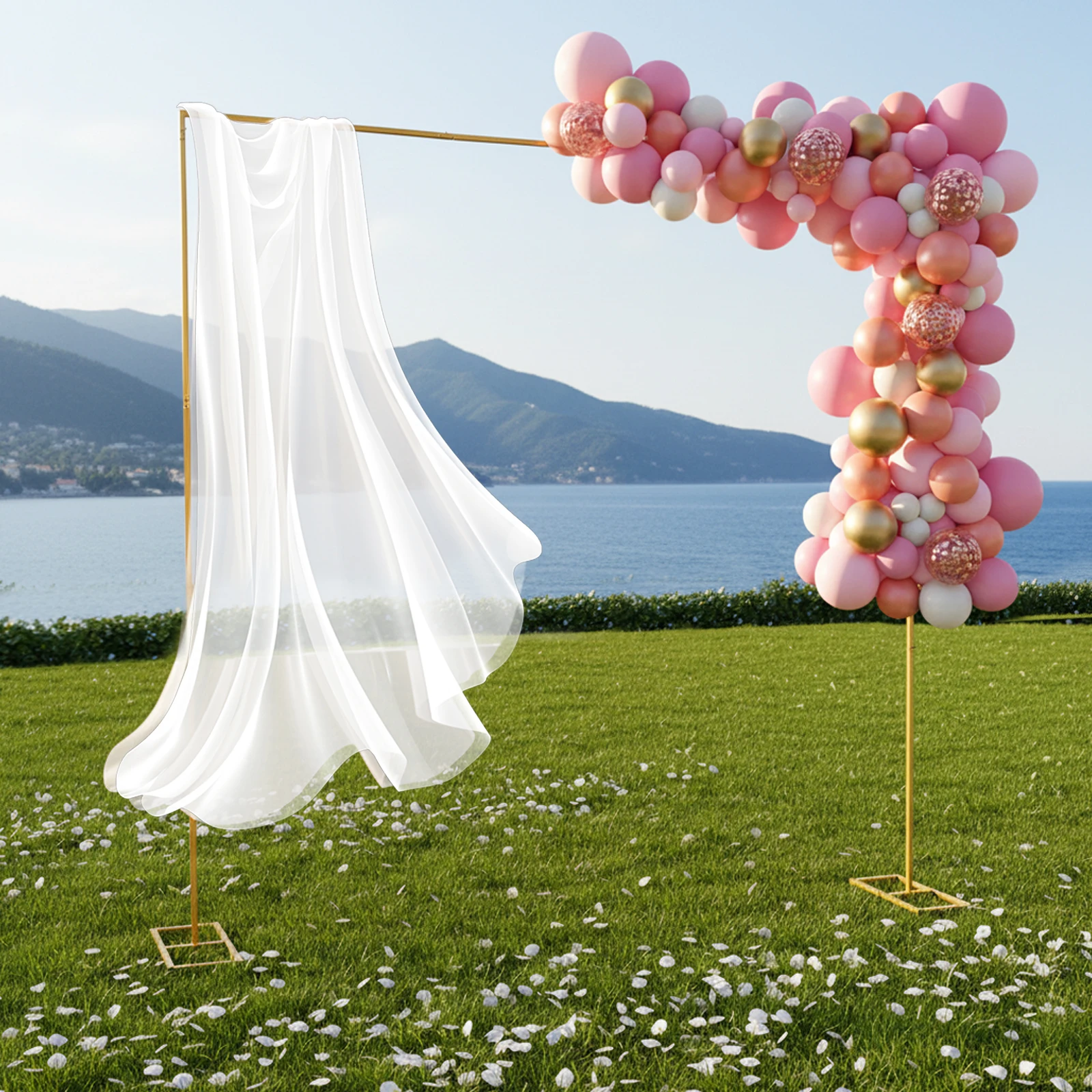 إطار قوس الزفاف من الحديد المجلفن الذهبي مقاس 3 × 3 م، قاعدة قابلة للفصل، دعامة خلفية لحفلات الزفاف.