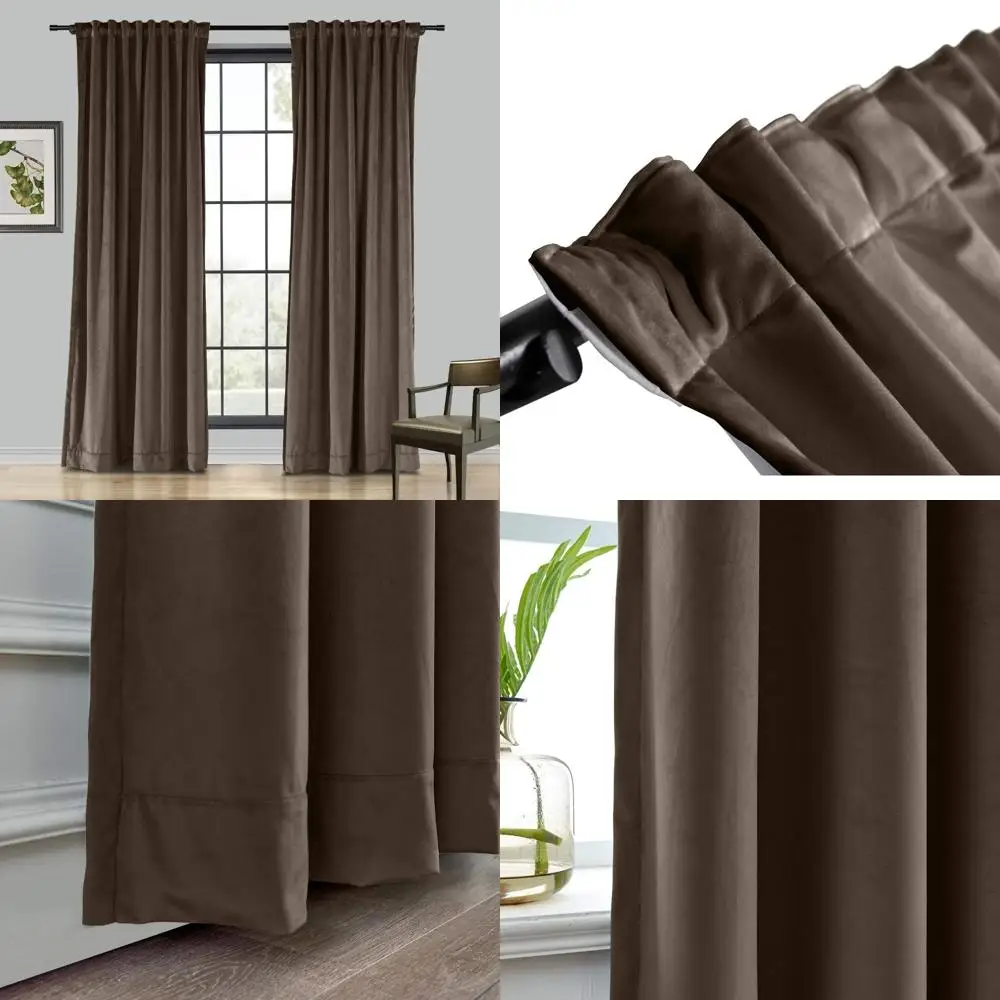 블랙아웃 벨벳 커튼 브라운 50 x 102 - 거실용 2개 세트, 백 탭 로드 포켓, 솔리드 도어 패널