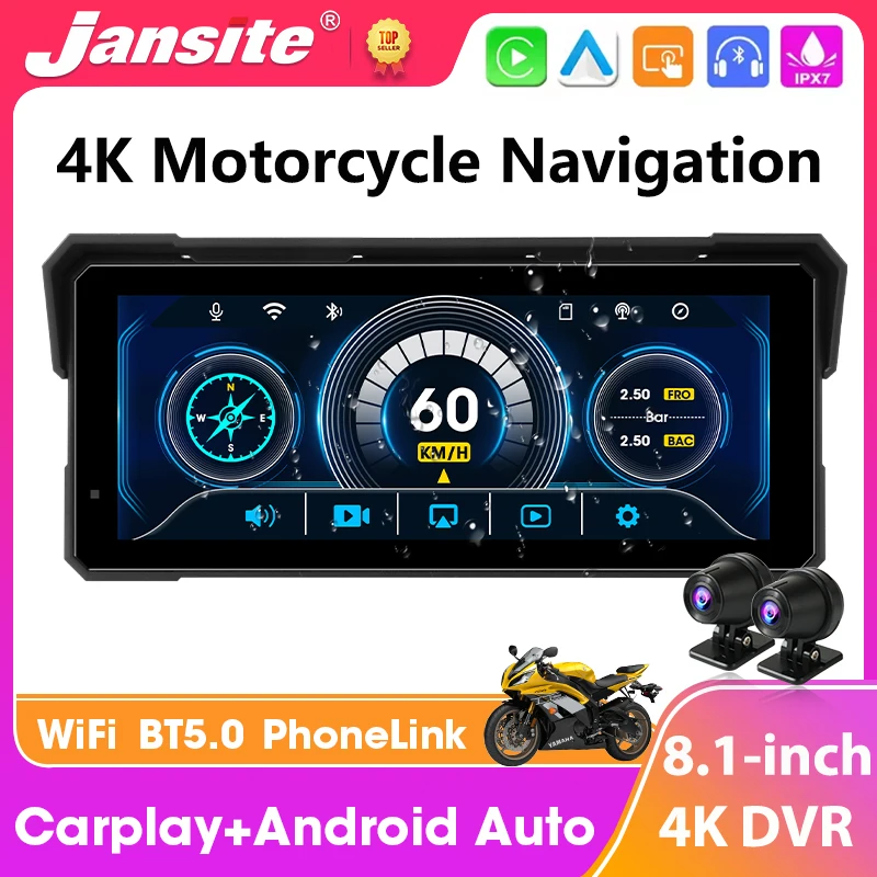 

8.1" Motorcycle DVR Carplay Screen WIFI Android Auto Navigation GPS IPX7 Waterproof Dual Bluetooth Moto Accessories Support TPMS