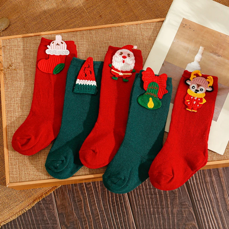 Merry Christmas Thermal Cute Cartoon Santa Claus High Long Socks Elk Doll Stitch Stocking for Baby Children Kids Accessories