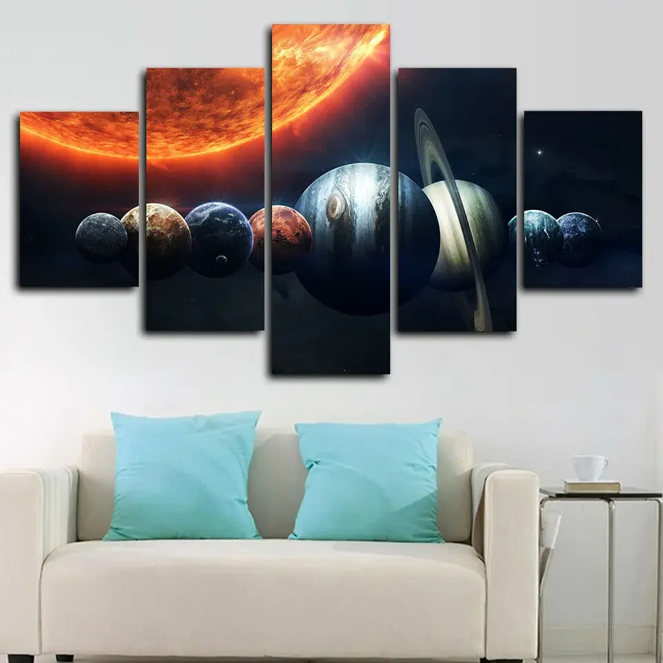 Solar System Space 8 Planets 5 Panel Canvas Picture Print Wall Art Canvas Painting Wall Decor for Living Room Poster No Framed