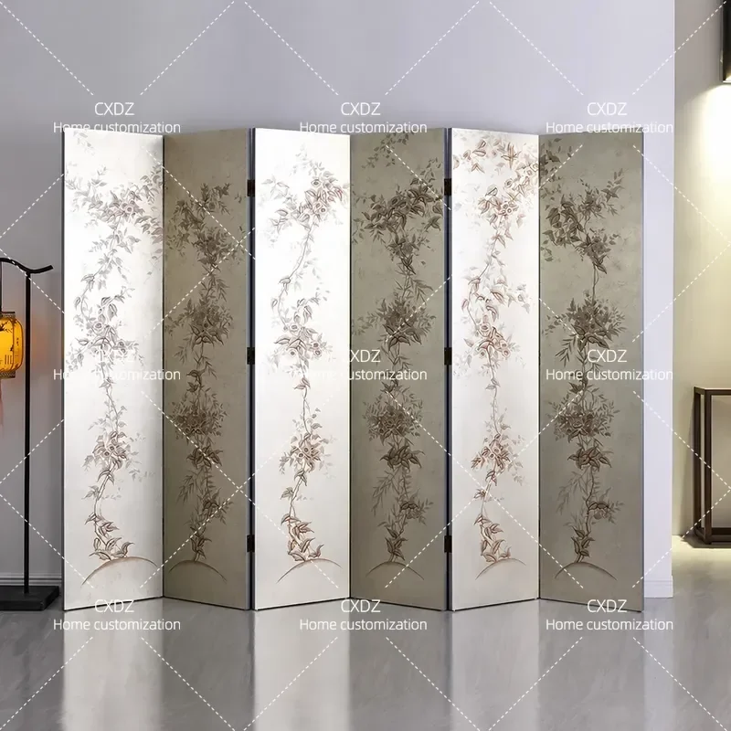 Classical Solid Wood Folding Screen Hand Painted Silver Foil Mobile Partition for Home Entrance Living Room Bedroom Simple