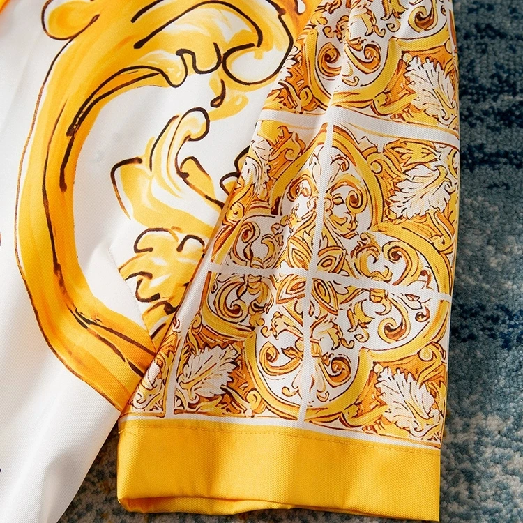 ZJYT Women's Vintage Print Yellow Shirt Dress Single-Breasted Lapel Collar Lace-Up Casual Midi Summer Holiday Dress Runway 2025