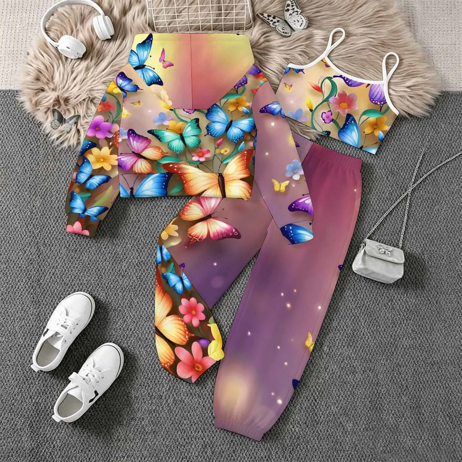 Jogging Pants Children's Printed Three-Piece Set Autumn Girls Yoga Pants Fashion Vest Winter Zipper Hoodie Long Sleeve Coat