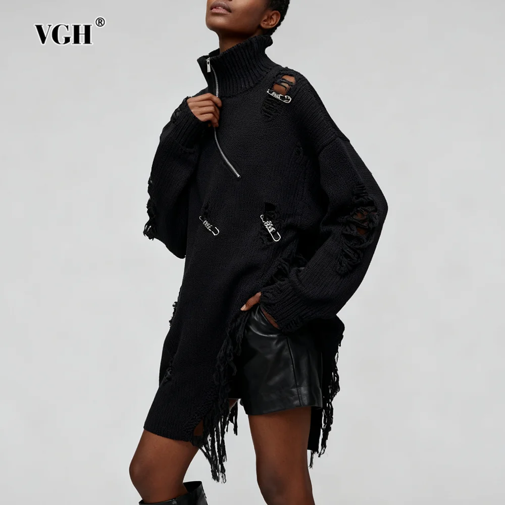 

VGH Design Sense Hollow Out Loose Knitted Sweaters For Women Turtleneck Long Sleeve Autumn Casual Solid Sweater Female Fashion