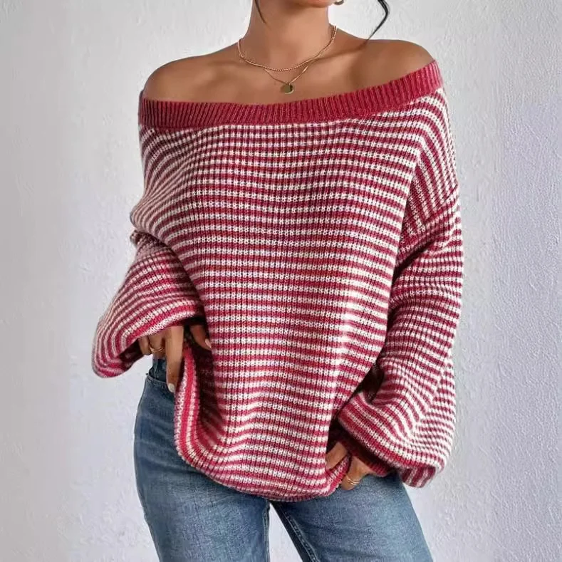 

Casual Striped Sweater One Neck Color Block Stripe Knitwear Women's Polyester Fiber Lantern Sleeve Thickened Winter Sweater