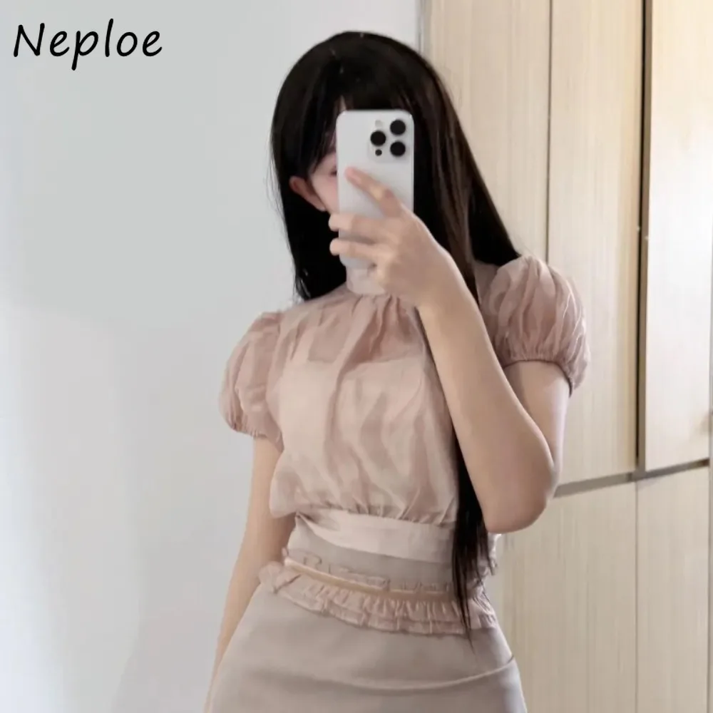 

Neploe Chiffon Princess Half-high Collar Puff Sleeve Shirt Sweet Fresh Ruched Fungus Blouses Japan All-match French Style Tops