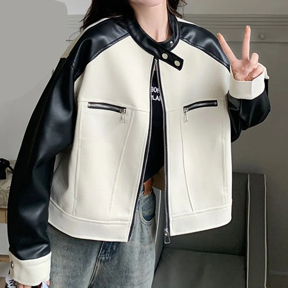 

White PU leather contrasting color splicing coat women's spring and autumn 2025 new small loose retro fried street short jacket