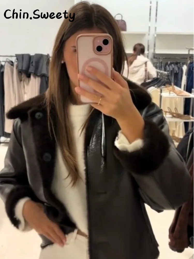 معاطف جلدية نسائية دافئة قابلة للعكس مع طية صدر السترة فضفاضة وأكمام طويلة وجيوب واحدة معطف لخريف وشتاء 2025 ملابس خارجية للسيدات #2