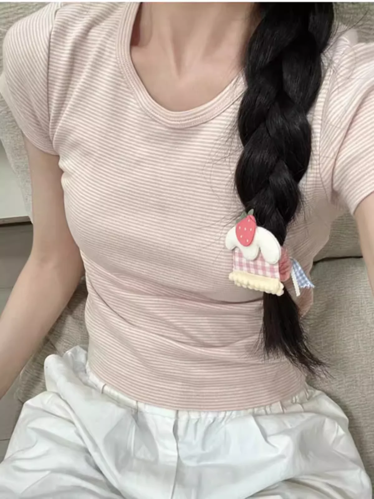 

Розовая полосатая футболка из чистого хлопка для женщин, милая, с круглым вырезом, стройнящая, молодежная, в стиле Brandy Girl BM