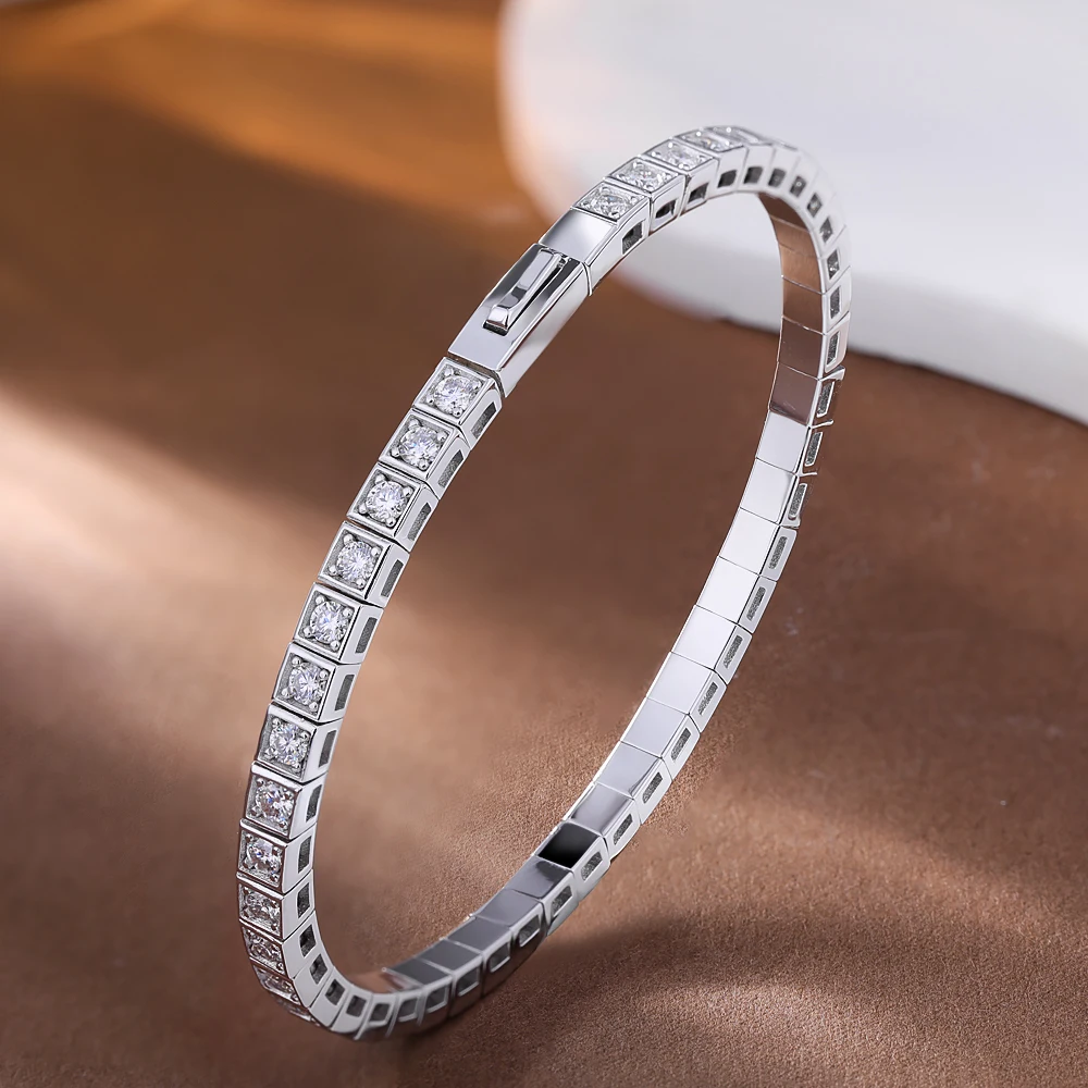 Pulsera de tenis rígida antialérgica de plata de ley S925 para hombre y mujer, 2.5mm, con moissanita redonda color D VVS1 engastada en bisel, pasa la prueba del diamante, con certificado GRA, nunca se decolora, joyería fina de lujo para boda y uso diario, regalo de cumpleaños y aniversario para parejas.