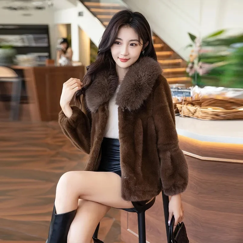 Fashion Faux Fur Coat Women's Mink Fur Short Overcoat Double-faced Fur Jackets Fox Fur-collar Streetwear Outerwear Autumn Winter