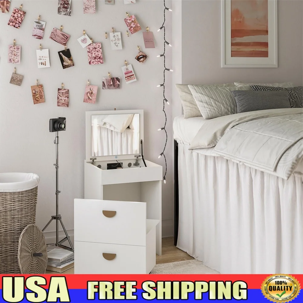 

Compact Vanity Set Makeup Desk with LED Mirror USB Charging Station Hidden Storage Stool Wall Secured