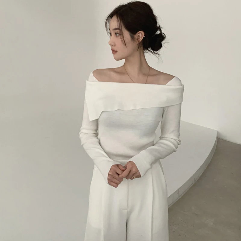

Early Autumn Women's Knitted Long Sve oulder Bared One-oulder Slimming Design Sensation Small ence Faion Top