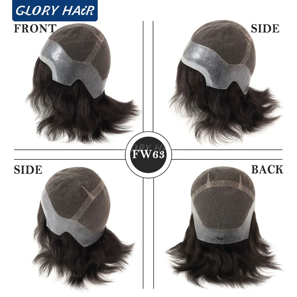 FW63 6 Inches Straight Indian Human Hair Men Toupee Lace & PU Full Head Wig 130% Density  Straight Male Hair Prosthesis