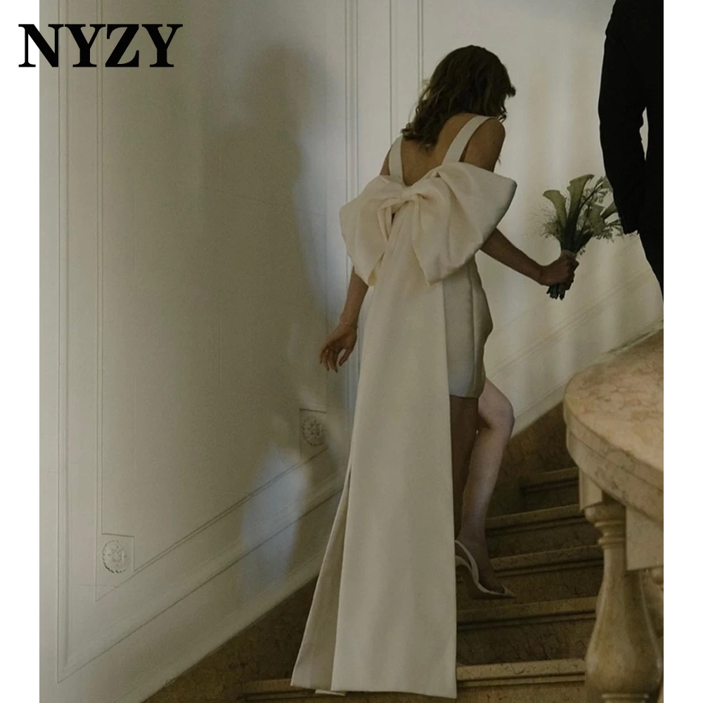 NYZY-Mini vestidos de novia de satén personalizados con lazo en la espalda, ocasión de fiesta, W61, 2025