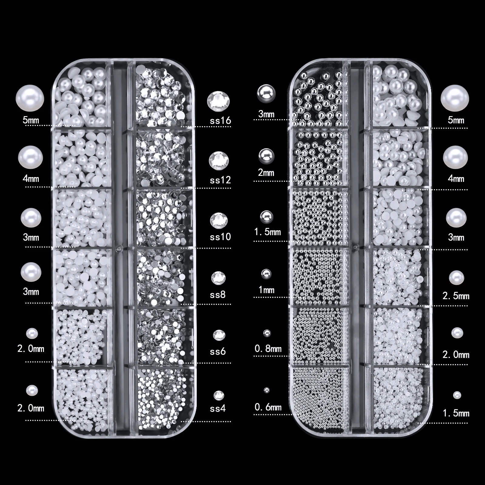 12 Grids/Box 3D Round Pearl White Nail Flat Rhinestones Mixed Size Caviar Beads Nail Stickers Nail Decoration Diy Nail Jewelry