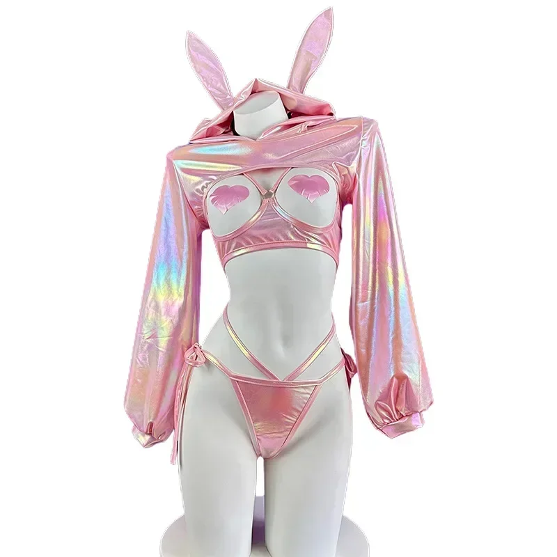 

Anime Bunny girl Cosplay Costume Women Sexy Laser Leather Bodysuit Suit Cute Rabbit Maid Uniform Sexy lingerie Halloween Clothes