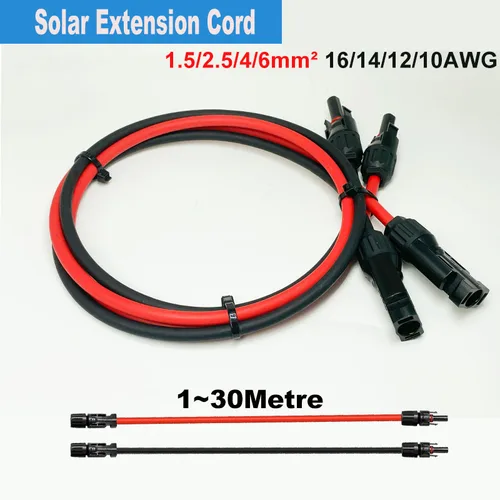 Imagen 1 del producto Cable de extensión solar 1,5/2,5/4/6 mm2 16/14/12/10AWG con conectores macho y hembra para paneles solares o controladores solares