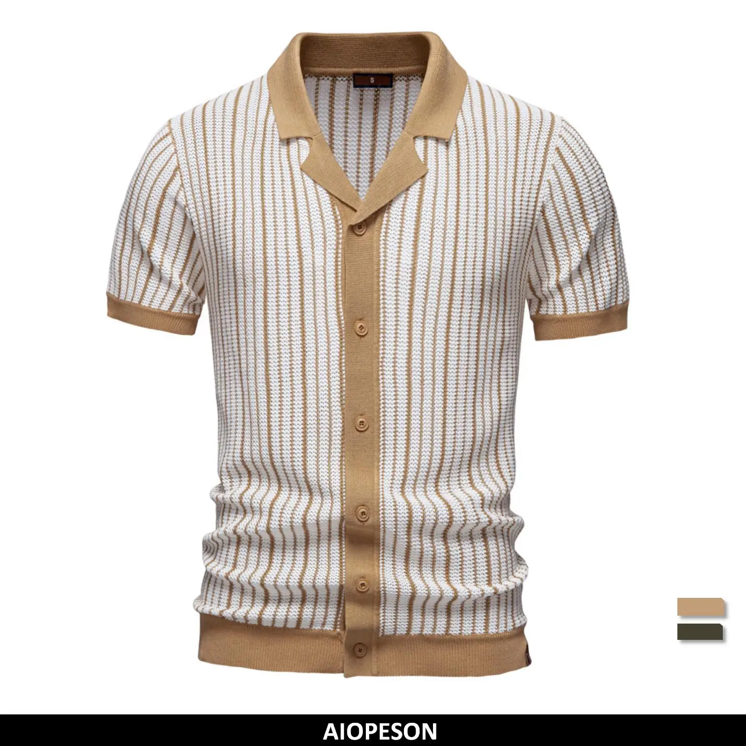 AIOPESON Men's short sleeve knitted Striped Mesh Polo Shirt - Breathable Contrast Panel Knit Top with Turn-Down Collar