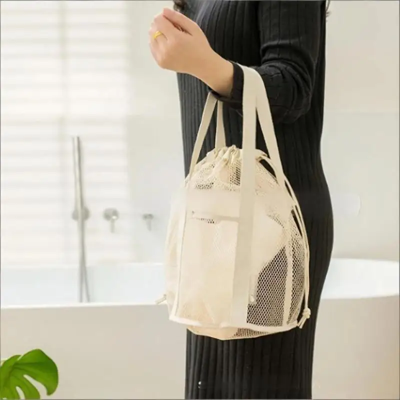 Reise-Kosmetiktasche mit Großer Kapazität aus Netzstoff, Faltbare Casual-Netztasche mit Kordelzug, Seilbündeltasche, Schwimm- und Waschbeutel – Detail 7