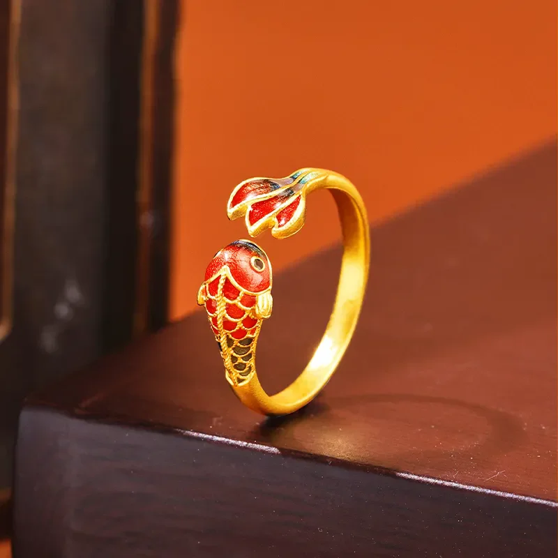 Chinese Gold Color Enamel Red, Blue Goldfish Open Ring Women's Representative Animal Jewelry Ring for High-end Banquet Good Luck