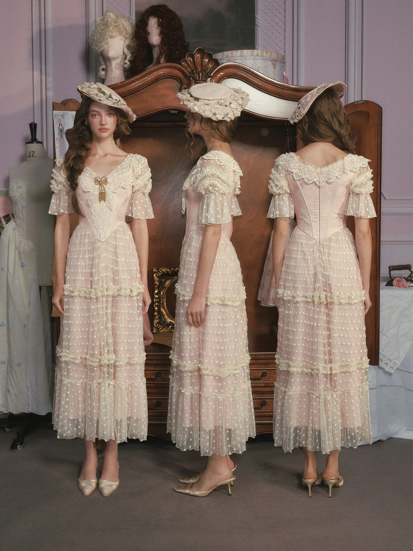 TIYIHAILEY Summer Women Dress Puff Short Sleeve Long Maxi Ladies Mesh Embroidery XS-XL Vintage High Waist V-Neck Pink Dresses