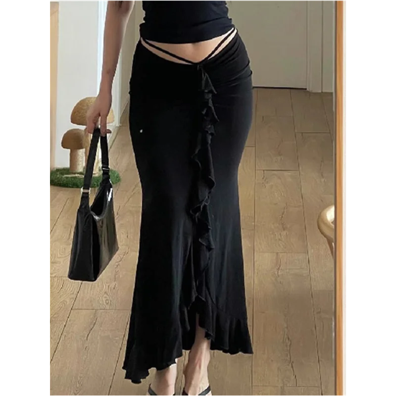 

Summer Women Y2k Skirt Sexy Ruched Ruffles Long Skirts Casual Low Waist Bodycon Maxi Skirt Fashion Slim Khaki Black Skirt Party