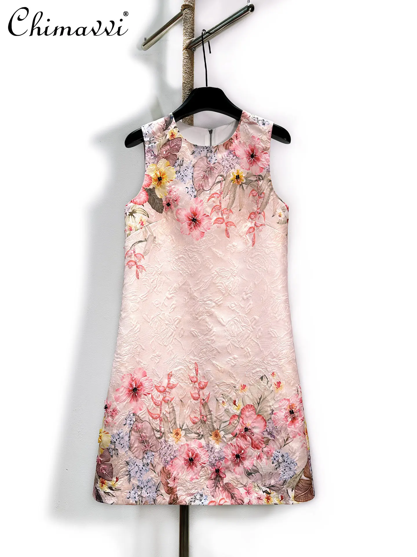 

Heavy Beaded Print A-line Dress High-end Fashion Print Sleeveless Elegant Short Pink Dresses 2026 Spring and Summer New