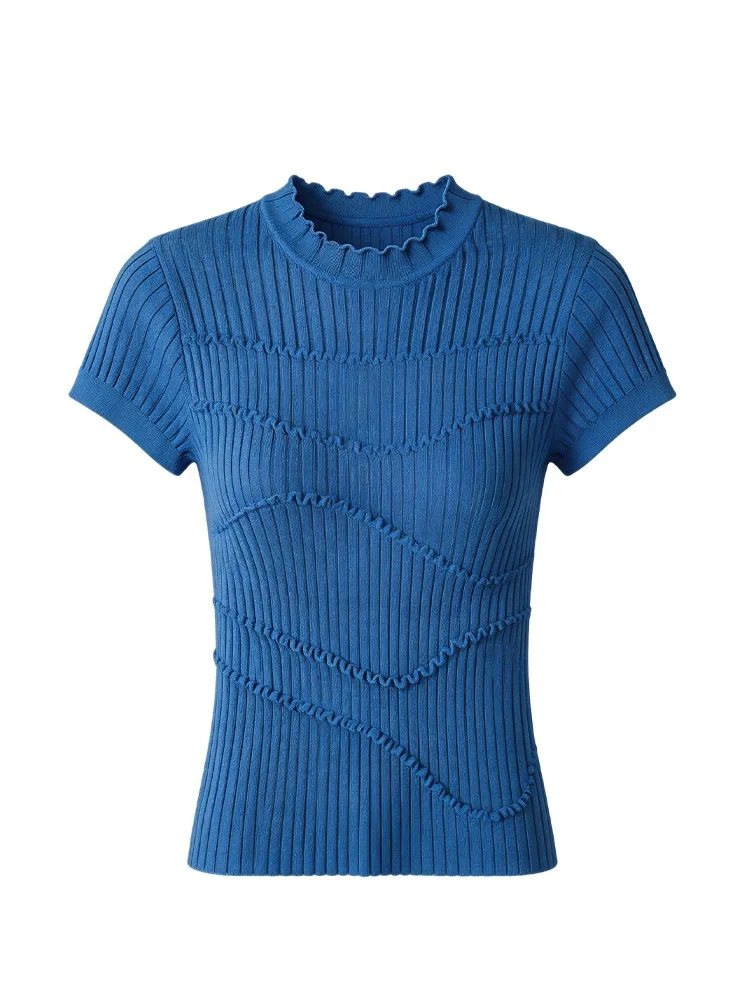 

plus Size Women's Short Sleeve Knitwear Casual Style round Neck Blue Striped Top for Summer New Arrival Comfortable Fit