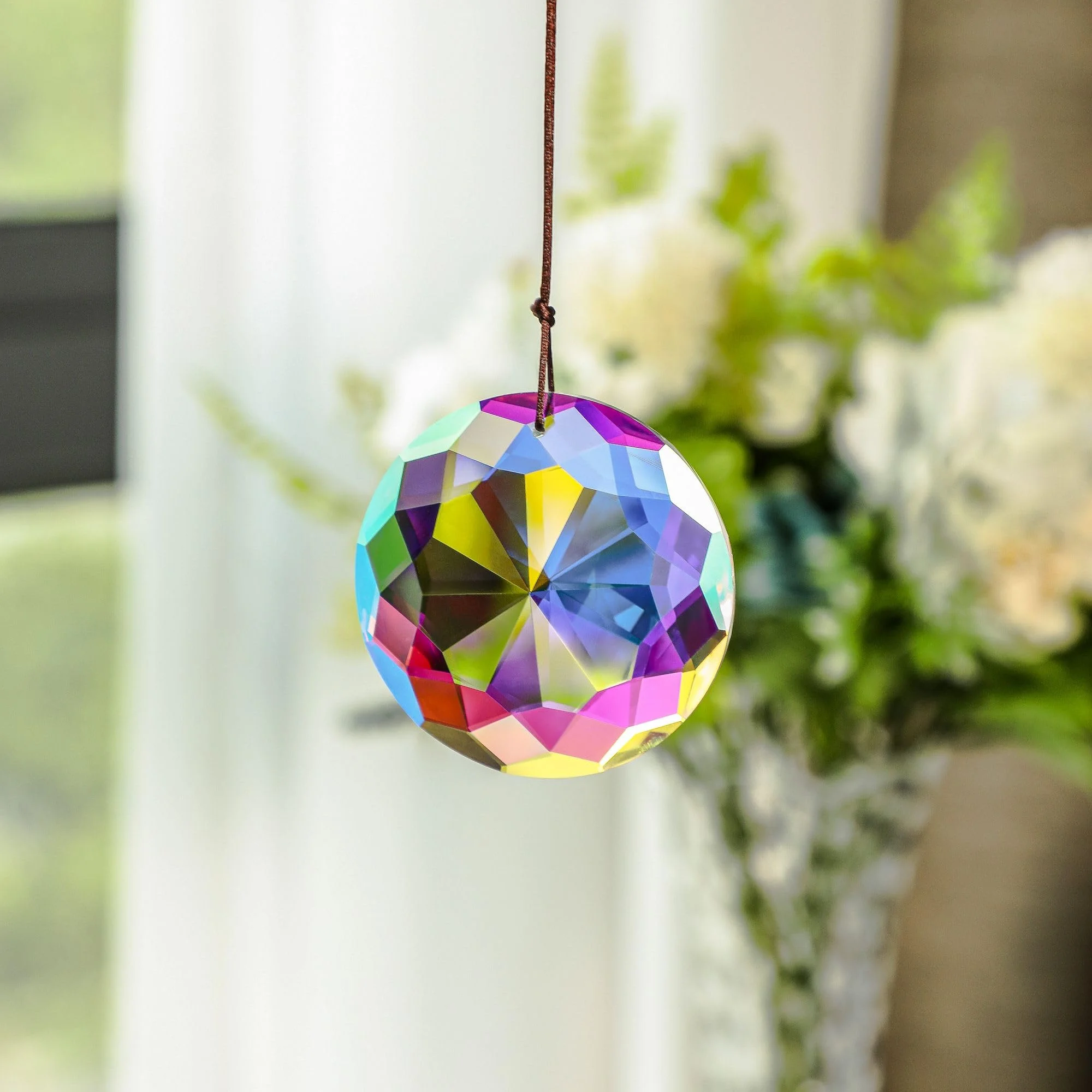 1Pc Round Crystal Mandala Sun Catchers Glass Prism Hanging Sun Catchers Rainbow Maker For Window Balcony Kitchen Garden Decor