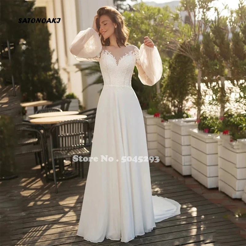 

Vestidos De Novia Elegant Boho A-Line O-Neck Chiffon Wedding Dress Puff Sleeve Lace Applique Bridal Gown Sweep Train Robe Mariée