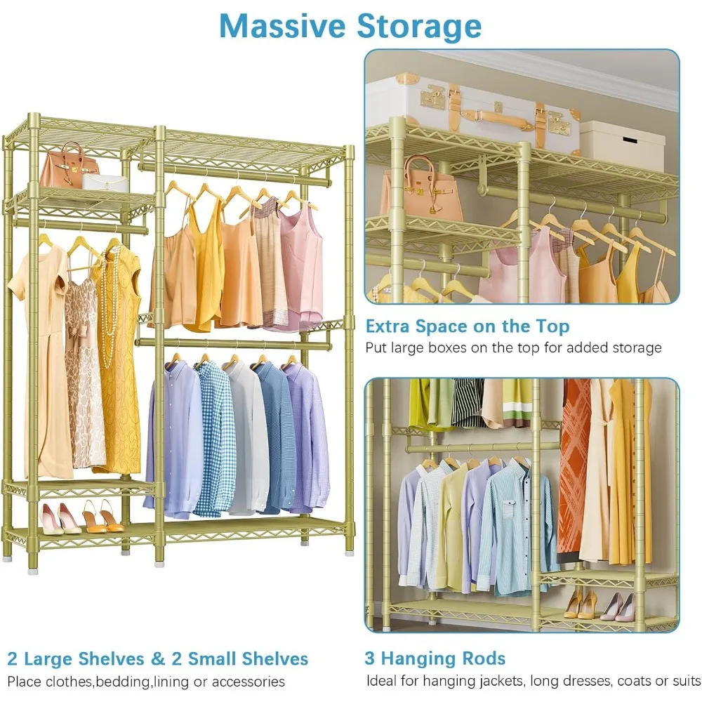 Estantería de alambre de 4 niveles resistente para ropa con 3 varillas para colgar, organizador de armario de metal independiente compacto para una almacenamiento eficiente
