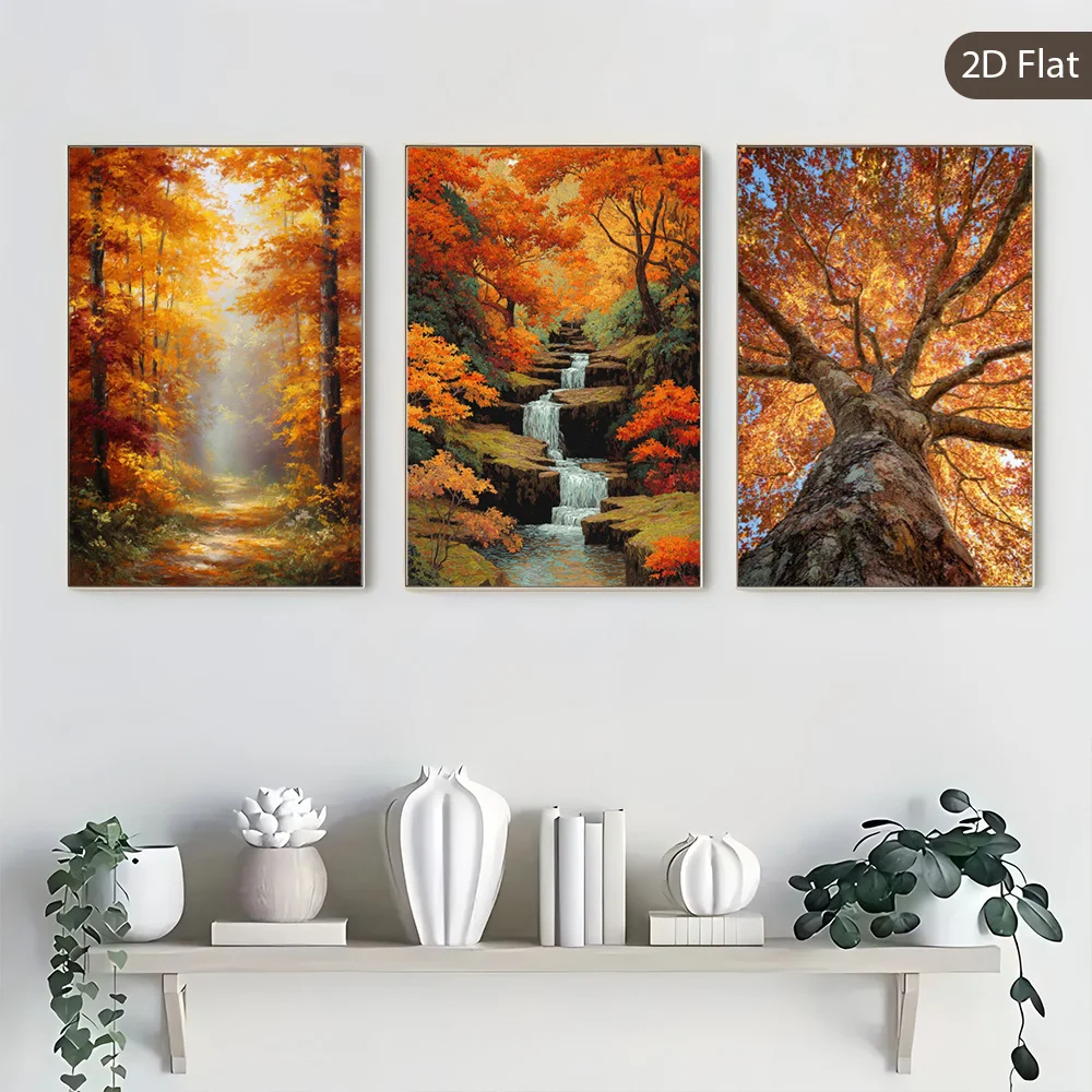 （Noframe 3PCS）-Set of 3 Unframed Canvas Art Featuring Autumn Leaves, Colorful, Peaceful Nature Decor, Cascade Falls Images, W