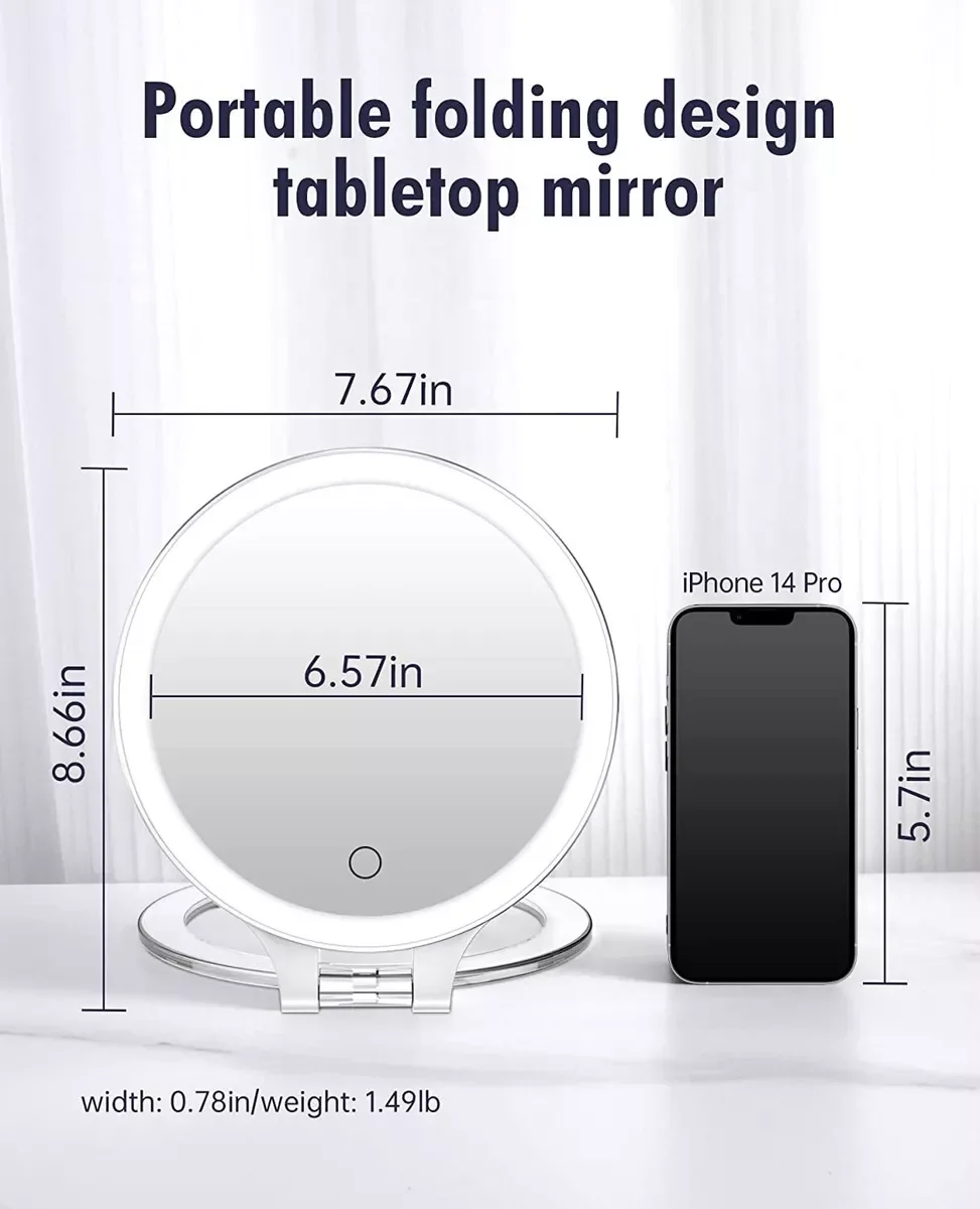 Foldable Makeup Mirror Touch Screen Makeup Mirror 3 Colors Light Modes Cosmetic Mirrors USB Rechargeable Folding LED Mirror