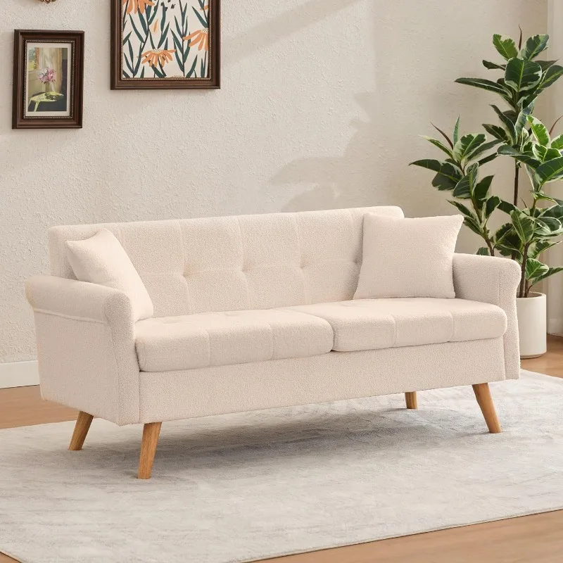 Loveseat-Sofa, weiße Love-Sitz-Sofas mit Wurfkissen, Boucle kleines Sofa für Wohnzimmer, Schlafzimmer, Büro, Button-Tuf