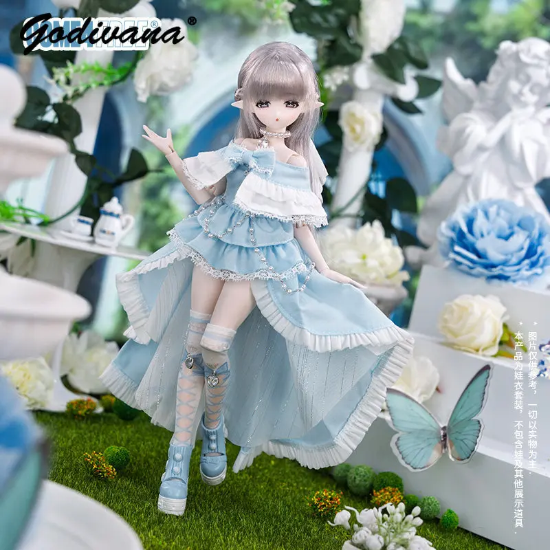 Off-shoulder Lace trim ruffle Lolita Princess dolls Dress Blue Irregular Trailing Set fit 1/6 BJD Doll Only Clothes No Doll